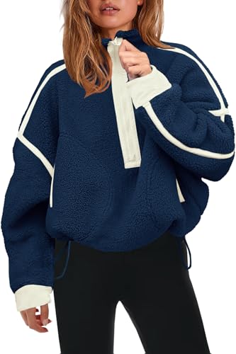 Panadila Womens Half Zip Fleece Pullover Sherpa Jacket Fuzzy Sweater Cozy Sweatshirt with Pockets Winter (Midnight Blue,M)
