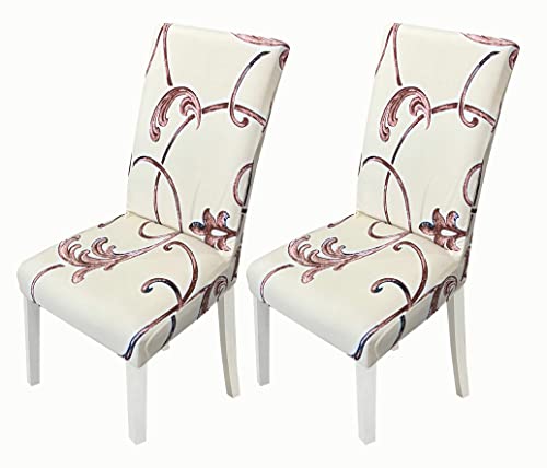 Image of House of Quirk Elastic Chair Cover Stretch Removable Washable Short Dining Chair Cover Protector Seat Slipcover (Pack of 2, Beige Orchid Stem)
