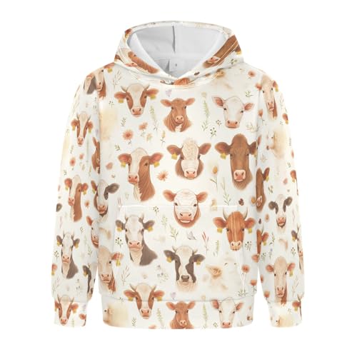 KLL Brown and White Cow Pattern Toddlers and Boys' Sweatshirts Sweater Fashion Pullover Hoodies with Kangaroo Pocket
