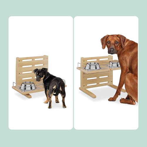 Relaxdays Futterstation Hund, höhenverstellbare Hundebar, HBT: 37x55x36 cm, Napfständer mit Silikonmatte, Bambus, Natur