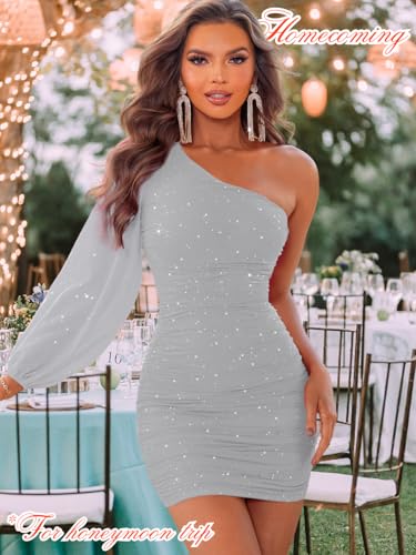 Image of ShawGobow Sparkly Outfits for Women,One Shoulder Ruched Bodycon Short Prom Dress,Sexy Dresses Cocktail Homecoming Nye