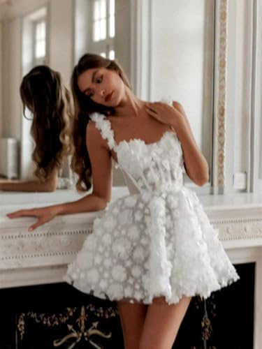Image of Simple Tulle Short Wedding Dresses for Bride Elegant Spaghetti Straps Tea Length Bridal Shower Dress for Women