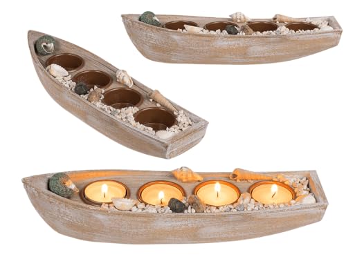 Barco de Madera para 4 Velas de té, con decoración de Conchas y Piedras, Aprox. 28,5 x 7,5 x 6 cm, Color Beige