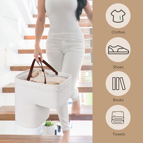 Image of Woven Stair Basket, Stair Baskets for Wooden Stairs, Carpeted Stairs Storage Basket with Handles, Staircase Baskets for Toys, Books, White, 15 inch L x 10 inch W x 15 inch H