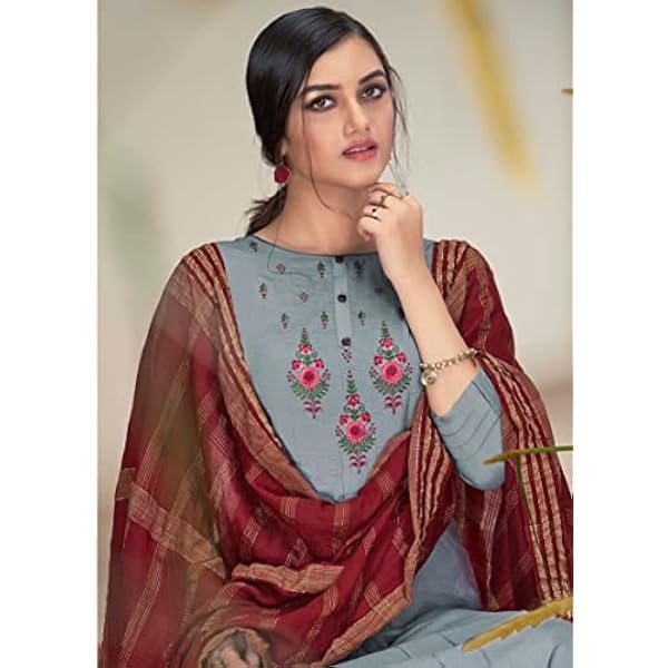 Grå röd festival festkläder indisk kvinna ren chinnon siden rak broderad punjabi byxa kostym 2367