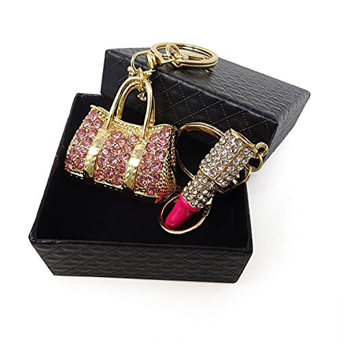 Honbay 2Pcs Cute Crystal Lipstick Handbag Style Keychain Bling Bling Rhinestone Car Key Decoration Blingbling Key Purse Keyring For Bag Wallet Handbags Backpack (2 Style) #TOP4