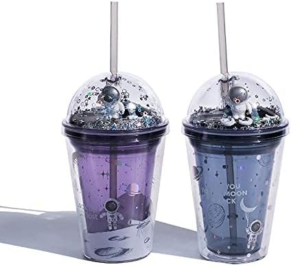 Miniatura 6 de Vaso de astronauta con pajilla, para café helado, vasos para fiestas infantiles, vaso de plástico reutilizable (morado astronauta, 14.4 fl oz)