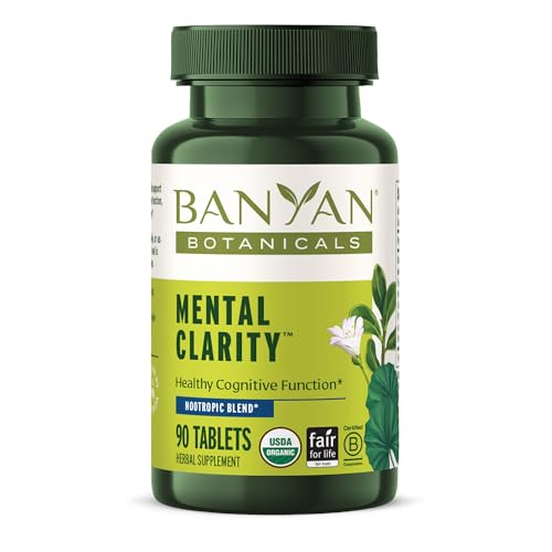 Banyan Botanicals Organic Mental Clarity – Herbal Alertness & Focus Supplement – with Bacopa & Gotu Kola – Natural Support for a Calm Mind & Sustainable Mental Energy – 90 Tablets – USDA Organic