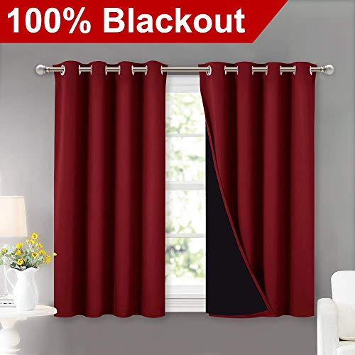 Image of NICETOWN Kitchen Full Blackout Curtain Panels, Super Thick and Soft Insulated Window Covers, 100% Blackout Draperies with Black Backing for Cafe Window (Burgundy Red, Set of 2 PCs, 52 by 45-inch)