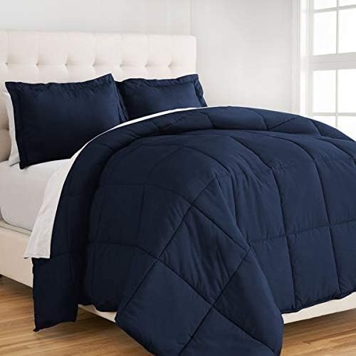 Luxurious Goose Down Alternative Comforter, Premium Box Stich Design, 800 Thread Count 100% Egyptian Cotton Queen, Navy