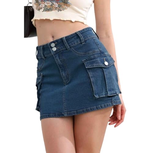 TJDKKYH Falda Tipo Cargo Ajustada, Falda Tipo Cargo de Cintura Baja, Minifalda Vaquera Tipo Cargo con Botones para Mujer (M,Blue)