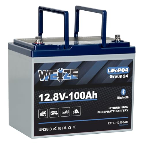 Weize 12V 100Ah Group 24 Bluetooth LiFePO4 Lithium Battery, Built-in 120A BMS, Low-Temp Protection Deep Cycle 500A/3S Peak Discharge Battery for RV, Camping, Solar, Trolling Motor, Home Energy