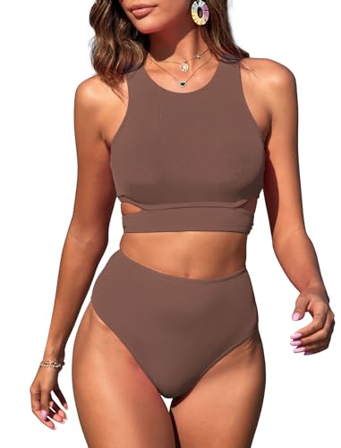 ZAFUL Women's Swimsuit High Waisted Bikini Sets Two Piece Swimsuit Scoop Neck Tank Side Cutout Midkini