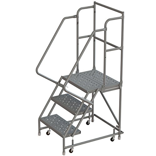 Image of Tri-Arc KDSR103166-D2 3-Step 20 inch Deep Top Steel Rolling Industrial & Warehouse Ladder with Handrails, 16 inch Wide Perforated Tread