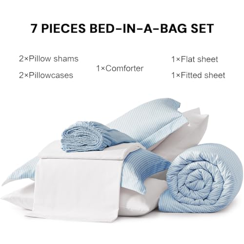 Image of Monbix King Size Comforter Set-7 Pieces Soft Bed in a Bag King Bedding Set | Blue Vertical Ticking Stripe Lightweight All Season Comforter with Sheets, Pillowcases & Shams