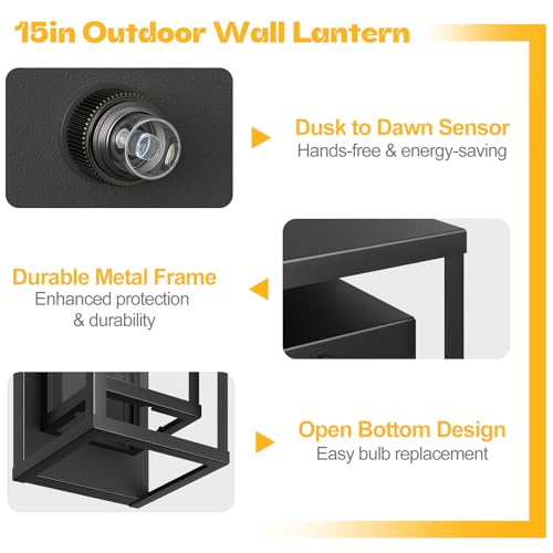 Image of Dusk to Dawn Outdoor Wall Sconce Black Modern Exterior Lighting Fixture | 15 Inch, Waterproof, Large Porch Light, Outside Lantern Wall Mounted, Outdoor Lamps for Coach, Doorway and Patio, E26 Base