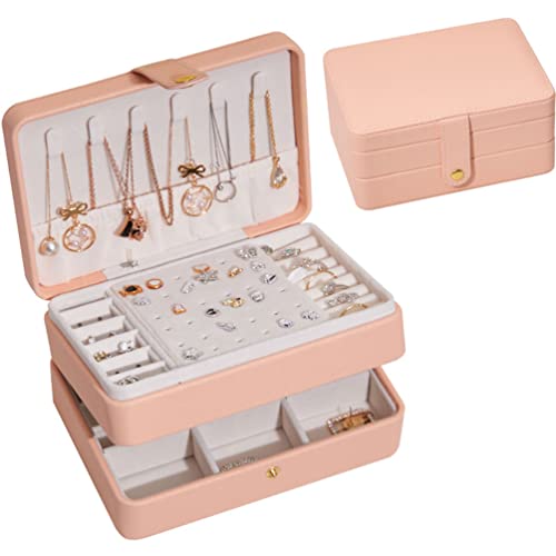 Schmuckkästchen - PU-Leder-Reise-Schmuck-Organizer - 3-lagiger Aufbewahrungskoffer für Frauen und Mädchen, Ringe, Ohrringe, Halsketten, Armbänder, Lippenstift (Rosa) Cover
