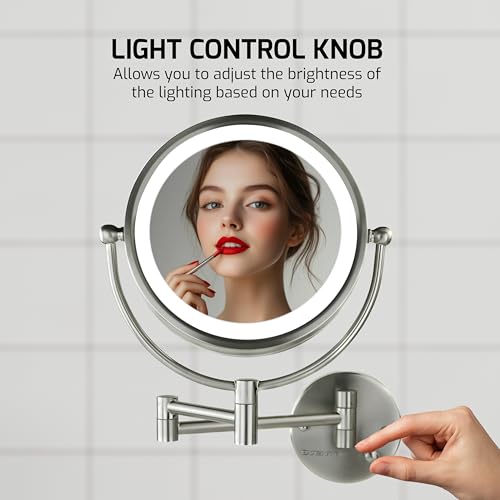 Image of OVENTE Hardwired Wallmount Bathroom Mirror, Nickel Brushed MPWD3185BR1X7X | 9 inch Double Sided Lighted Makeup Mirror with 1X /7X Magnification, Dimmable LED Lights, 360 Rotation, Extendable Folding Arm