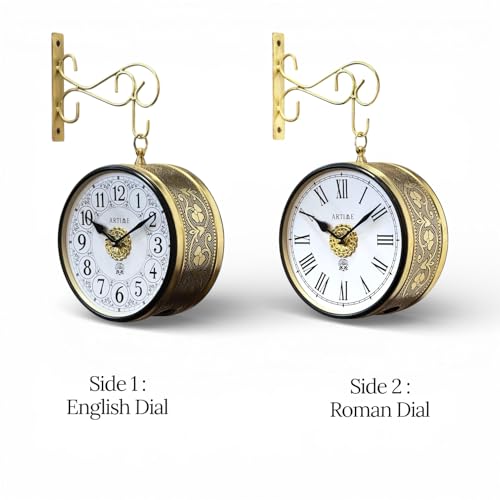 Image of Handcrafted Double Side Metal Analog Vintage Wall Clock | 1.5 Year Machine Warranty | 8 INCHES | 1 Side Number 1 Side Roman,Color Golden