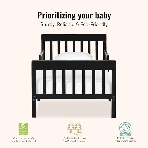 Image of Dream On Me Finn Toddler Bed, GREENGUARD Gold, Pinewood, Black | Low to Floor Bed, 2 Safety Guard Rails, Slatted Wooden Headboard & Footboard 50 Lb Limit, BSA Verified