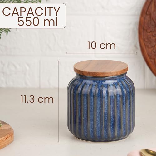 Image of The Earth Store Glam Blue Ceramic Jar Set of 2, 550ML | Wooden Air Tight Lid Jars for Pickles /Achar, Chutney, Sauces, Salt, Candy and Spices | Ceramic Jar for Kitchen, Gifting
