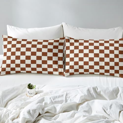 Image of Erosebridal Plaid Bed Sheets Full Beige Caramel Brown Checkerboard Bedding Geometric Checkered Sheet Set for Kids Boys Girls, Aesthetic Grid 1 Fitted Sheet 1 Flat Sheet 2 Pillow Cases