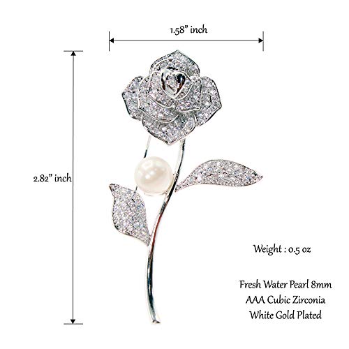 Jibsa Flower Rose Brooch Pin Cubic Zirconia Pearl Setting White Gold Filled Jewelry For Wedding Bridal Formal Look #TOP1