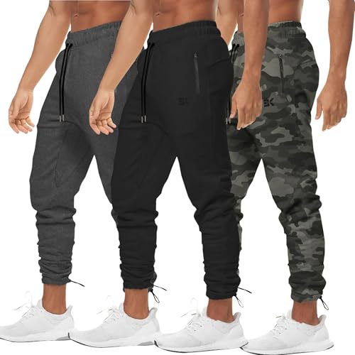 BROKIG 3-Packs Mens Vertzip Gym Joggers, Ankle Cords Running Slim Fit Skinny Tapered Sports Trousers for Men with Pockets(L,Black+Dark Gray+Camouflage Green)