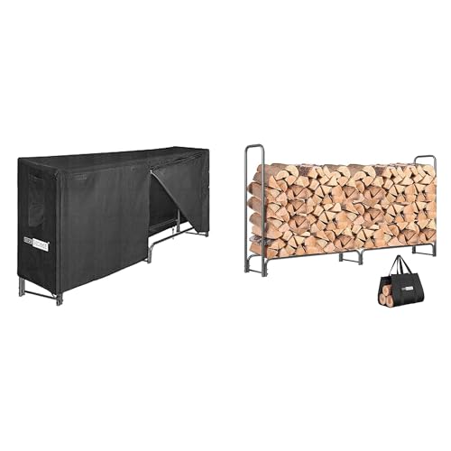 VIVOHOME 8ft Heavy Duty Indoor Outdoor Firewood Storage Log Rack with Cover Combo Set Black 8ft Heavy Duty Firewood Rack Log Holder with Carrier Bag, Metal Wood Pile Storage