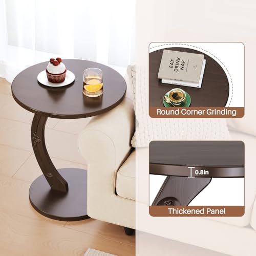 Image of Uniclinens C-Shaped Solid Wood Round End Table - Side Table for Couch, Sofa Tables Slide Under Couch for Living Room, Small Nightstand for Small Space, Dark Walnut