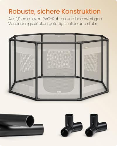 Feandrea Tierauslauf Oxford-Gewebe, Freilaufgehege achteckig, Tierkäfig L, 112 x 112 x 62 cm, Rahmen aus PVC-Rohren, atmungsaktives Netz, mit Seitentasche, Taubengrau-schiefergrau PDC003G01