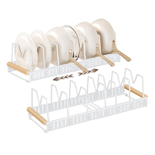 1 Pack Stainless Steel Lid Organizers Inside Cabinet with 7 Adjustable Dividers - Pan Pot Lid Organizer Holder Rack,Stretch Total Length 57.5cm (white)