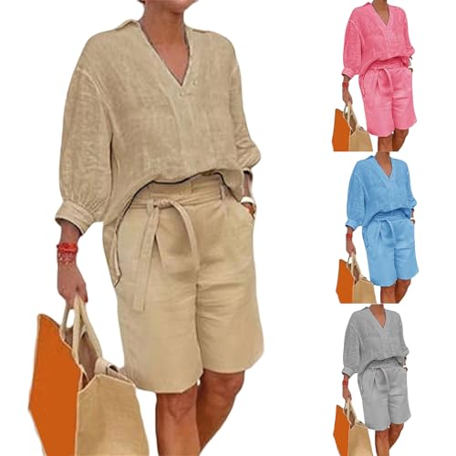 2 Piece Short Sets for Women Beach Cotton Linen Outfits 3/4 Sleeve V Neck Tops Belt Shorts Casual Summer Outfits