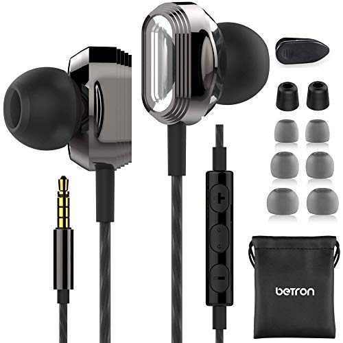 Betron ProX7 Noise Isolating Earphones, In Ear Headphones with Mic and Volume Control, Superb Sound, Dual Driver Quality Headphone Set, Multiple Earbuds Sizes, Black