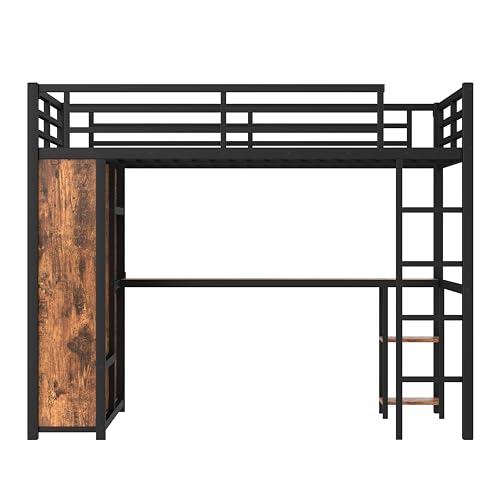 Image of Bellemave Queen Size Loft Bed with Desk and Wardrobe, Metal Queen Loft Bed Frame for Adults, Kids, Teens, Black and Woodgrain