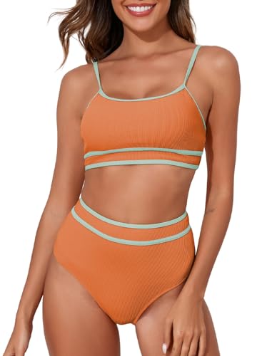 Herseas Women's Ribbed Bikini Sets Color Block Swimsuit High Waisted Bathing Suit