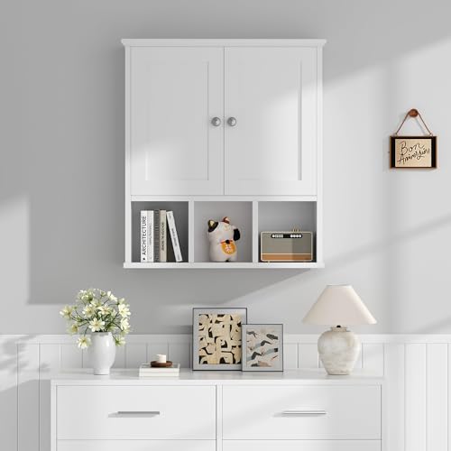 Shintenchi Bathroom Wall Cabinet with Door, Storage Organizer Over The Toilet Medicine, Space Saving with Adjustable & Open Shelf, Solid White - Image 7