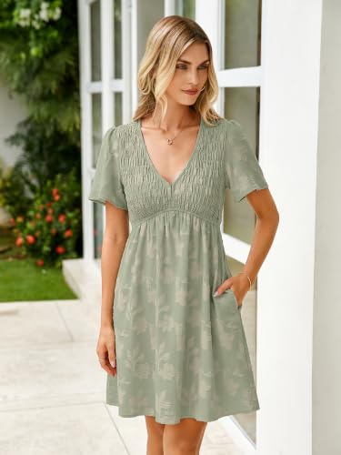 Image of Simplee Womens Summer Casual V Neck Dress Sexy Short Sleeve Mini Sundress Boho Western Empire Waist Pocket Dresses 2026