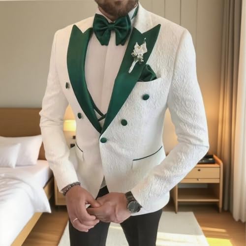 Floral Jacquard 3 Piece Suits for Wedding Slim Fit One Button Tuxedos Blazer Double Breasted Vest Pants Bow Tie2