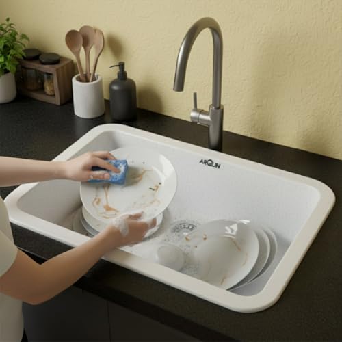Image of ARQUIN Quartz Kitchen Sink 24x18x9 Inch Sand Pluto Round Corner | Single Bowl Sink | Durable & Scratch-Resistant | Undermount /Topmount Including Coupling, Waste Pipe & Fruit Washing Basket