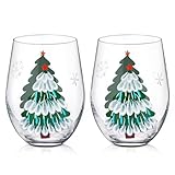 Motif festif peint à la main: célébrez la saison hivernale avec nos jolis verres à vin sans pied ornés de sapins de Noël verts et de flocons de neige blancs peints à la main par des artisans. Le motif du verre à vin est rehaussé d'une poudre scintillante qui brille comme de la neige fraîchement tombée. Contrairement aux motifs imprimés produits en série, chaque verre est une œuvre d'art unique qui ajoute une touche d'élégance peinte à la main à votre table de fête.