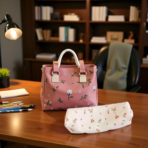 Image of Pink Women Fresh Style Pencil Bag Flower Floral Canvas Large Pen Pencil Pouch Bag Pencil Case Pen Holder Coin Pouch, Simple Cosmetic Storage Bags Makeup Bag Office, Pen, Pencil and Marker Cases