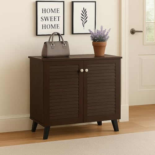 Image of 2-Door Engineered Wood Shoe Rack, 4-Tier Wooden Shoe Rack for Entryway, Shoe Storage Cabinet with Doors Adjustable Shelves, Wooden Shoes Rack Organizer (Walnut, 2 Door)