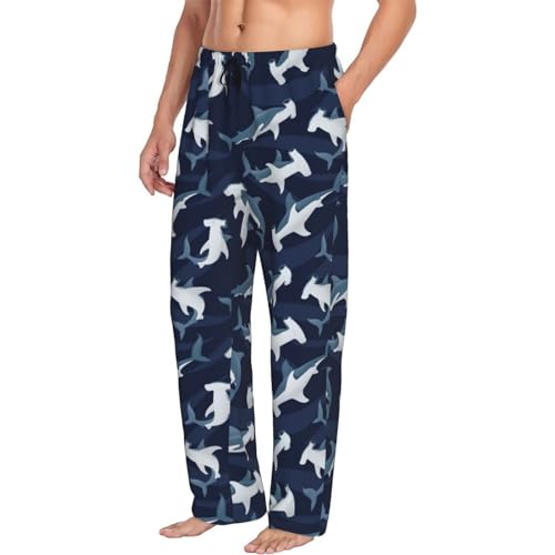 Mens Pajama Pants Bottoms With Pockets- Cartoon Cute Hammerhead Shark Soft Men Lounge Pants, Comfy Mens Pj Pants - Main Image