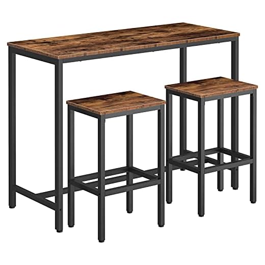 HOOBRO Bar Table and Chairs Set, 47.2” Rectangular Pub Bar Table and 2 Bar Stools, 3-Piece Breakfast Table Set for Kitchen Living Room, Dining Room, Sturdy Metal Frame, Rustic Brown BF52BT01