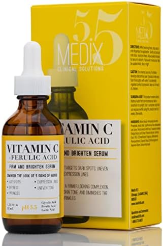 Medix Vitamin C Facial Serum Skin Care Booster For Age Spots, Wrinkles, & Fine Lines. Anti Aging Face Serum W/Glycolic Acid & Hyaluronic Acid Brightens Skin For Healthier Skin Complexion, 1.75 Fl Oz