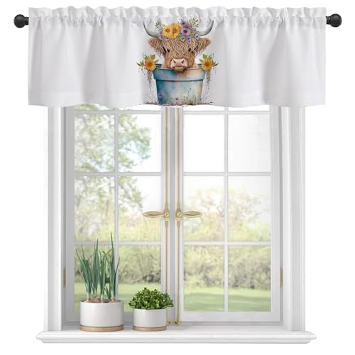Eflxamz Curtain Valances, Cute Highland Cow Semi Sheer Kitchen Windows Valances, Rod Pocket Short Window Treatment Light Filtering Decor Valances for Kitchen Living Room Bedroom Windows - 54