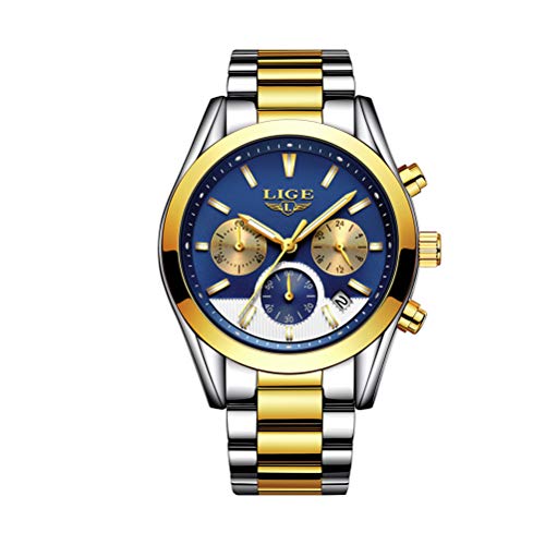 Herren Uhren Quartz 30 M Wasserdichtes, Lässige Chronograph Uhren, Business Uhren Kalender, Männer Militär Schwarz Edelstahl Armbanduhr (Sliver Gold Blue)