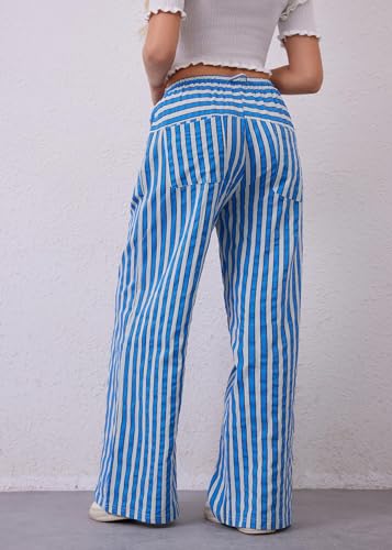 Image of MISSACTIVER Women Drawstring Striped Pants Loose Wide Leg Trousers Casual Low Waist Pants Comfy Lounge Pants with Pockets