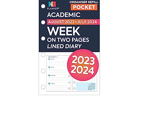 NBplanner Pocket size 2023-2024 Academic Week on Two Pages lined diary refill insert Mid Year August 23 - July 24 Filofax pocket COMPATIBLE
